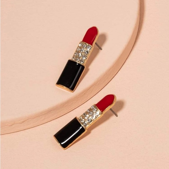 Ooh-La-LaLipstick💄💎Fun Rhinestone Pavé Earrings Red Black & Gold - Picture 8 of 8